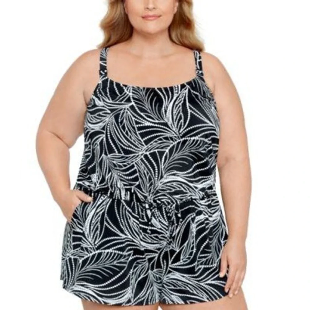 Swim Solutions Romper Swimsuit Women 20W Black Leaf Print Tummy Control $122 NWT - Picture 1 of 16